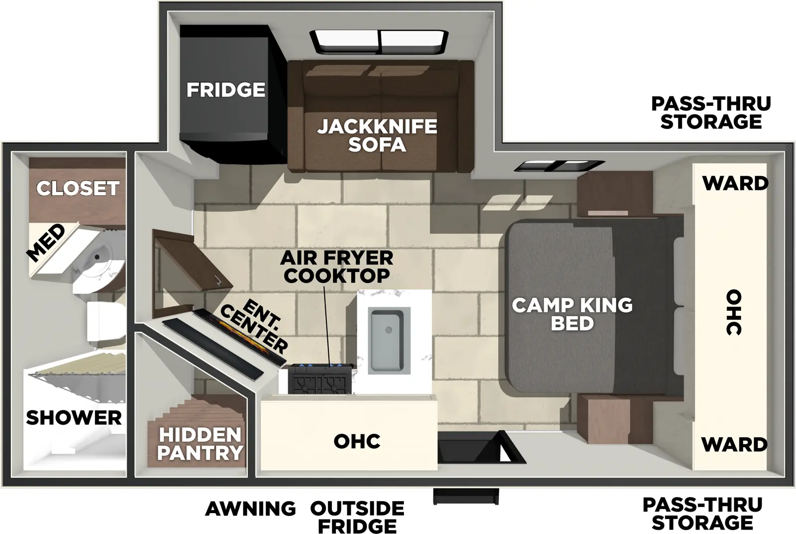 The Tracer 195RB floorplan has one entry and one slide out. Exterior features include: fiberglass exterior. Interiors features include: front bedroom and rear bathroom.